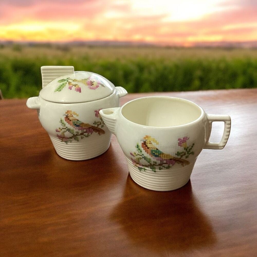 Vintage Leigh Ware Cross Stitch Cockatoo Creamer & Sugar Bowl w/ Lid